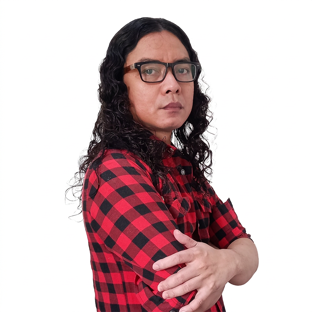 Mercenario “Mers” Cadag in a red and black check shirt, standing with folded arms